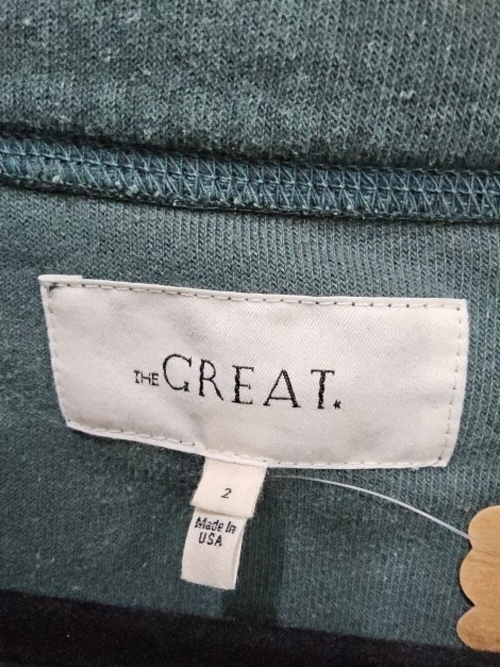 THE GREAT. Dusty Teal Sherpa Quarter-Zip Pullover - Picture 2 of 2